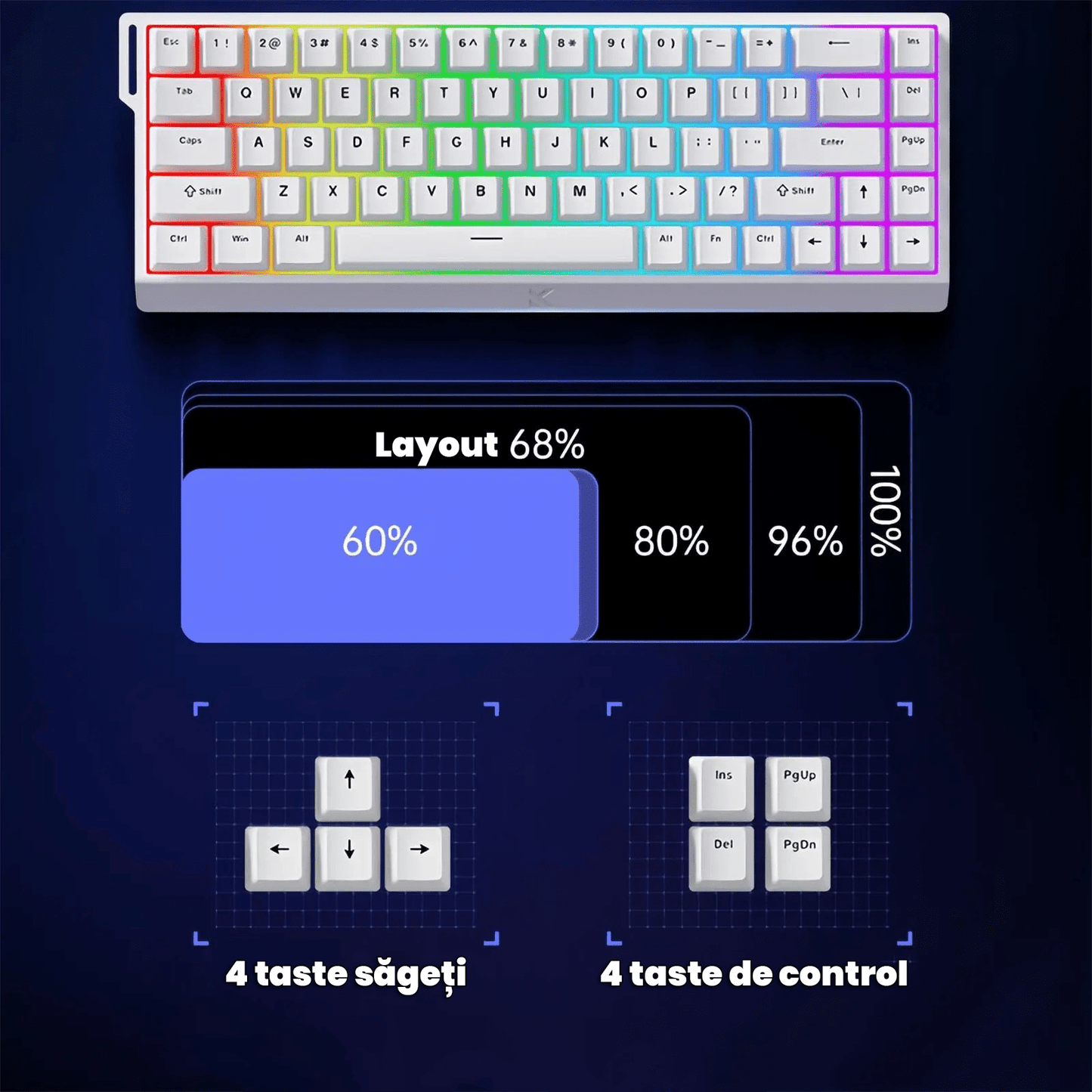 Beasty Alb / White Ice Rhino 2.0 Tastatura MCHOSE Ace 68 Hall Effect Rapid Trigger Snap Tap Hotswap RGB de Gaming
