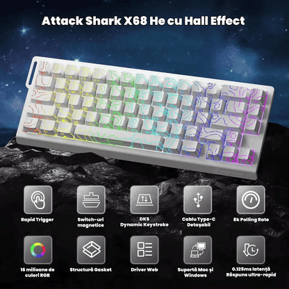 Beasty Moonlight / Outemu Amber Tastatura Attack Shark X68 He Hall Effect Rapid Trigger Snap Tap Hotswap RGB de Gaming